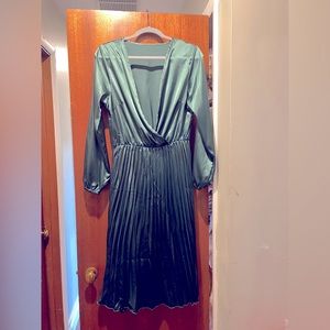 Forest Green satin dress- new. Cross over bodice & pleated skirt.